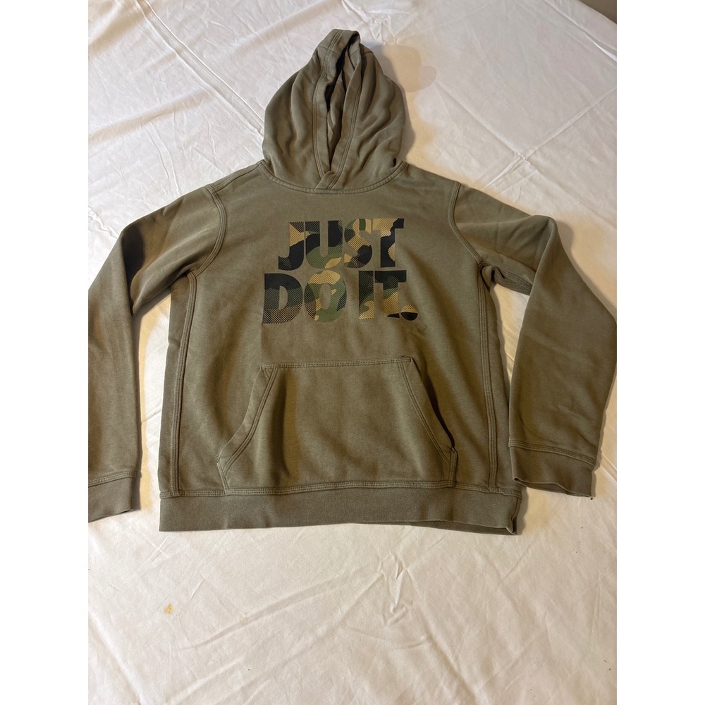 Nike Hoodie Kids M Olive Green Good Just Do It Camo Graphic Pullover